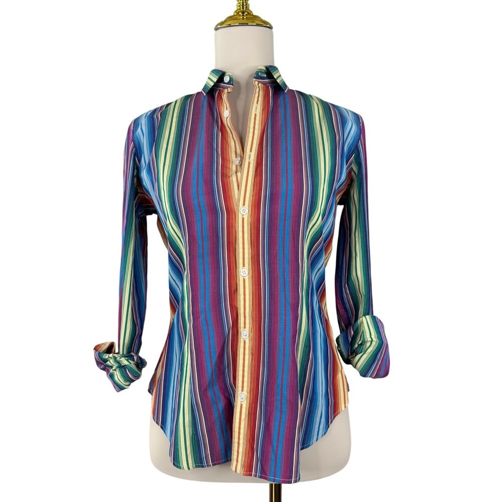 Ralph Lauren Black Label Rainbow Stripe Button Down Shirt Women Size 6 Cotton